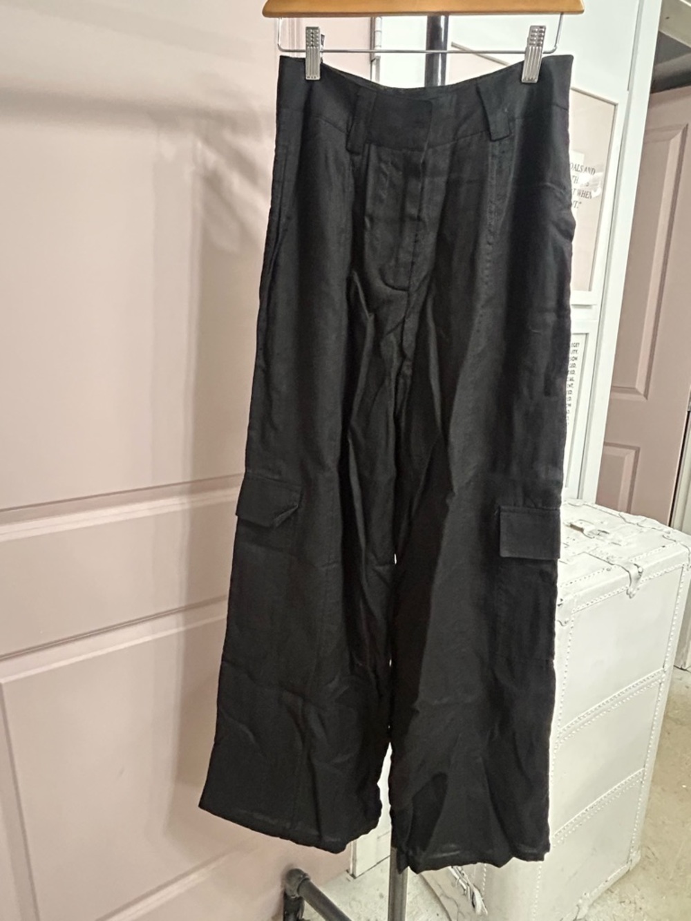 Black Linen Cargo Pant Trouser Small NWT